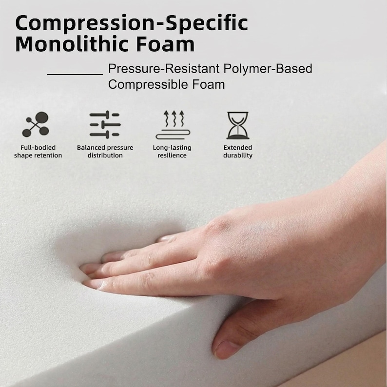 Hand pressing into the compression-specific monolithic foam, showcasing the pressure-resistant polymer-based material. This high-density foam provides balanced pressure distribution, long-lasting resilience, and extended durability without sagging. Engineered for ultimate comfort as both a floor chair and a sleeping mattress, the foam ensures full-bodied shape retention. This ergonomic support makes it a premium choice for gaming rooms, reading corners, and guest beds.