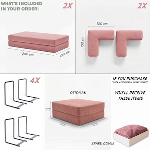 Puede incluir: Un juego de sof&aacute; modular en color rosa empolvado, que incluye dos cojines de 100 cm x 200 cm, dos piezas en forma de L (100 cm x 100 cm), una otomana (100 cm x 100 cm x 36 cm), cuatro marcos de soporte met&aacute;licos y una funda de repuesto.