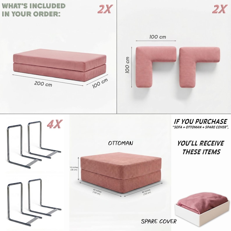 Puede incluir: Un juego de sof&aacute; modular en color rosa empolvado, que incluye dos cojines de 100 cm x 200 cm, dos piezas en forma de L (100 cm x 100 cm), una otomana (100 cm x 100 cm x 36 cm), cuatro marcos de soporte met&aacute;licos y una funda de repuesto.