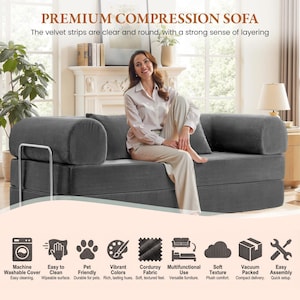 A woman relaxing on a grey corduroy modular floor sofa sectional couch designed for small spaces. This aesthetic 4-in-1 convertible furniture functions as a comfy loveseat, lounge chair, or sleeper sofa bed for studio apartments. Features water-repellent, pet-friendly fabric with a minimalist modern design, perfect for cozy living room decor, dorm rooms, or a reading nook. The plush ribbed texture offers a luxury feel while maintaining high durability for daily use.