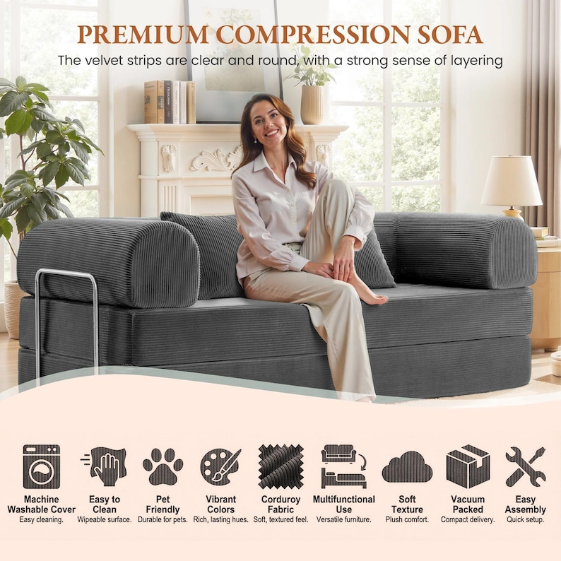 A woman relaxing on a grey corduroy modular floor sofa sectional couch designed for small spaces. This aesthetic 4-in-1 convertible furniture functions as a comfy loveseat, lounge chair, or sleeper sofa bed for studio apartments. Features water-repellent, pet-friendly fabric with a minimalist modern design, perfect for cozy living room decor, dorm rooms, or a reading nook. The plush ribbed texture offers a luxury feel while maintaining high durability for daily use.