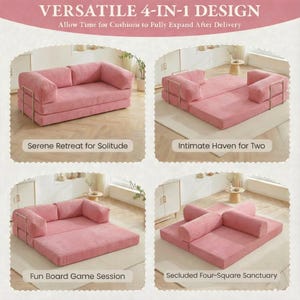 Collage demonstrating 4-in-1 versatile design modes: a serene retreat for solitude, an intimate haven for two, a modular seating arrangement for fun board game sessions, and a secluded four-square sanctuary. This multifunctional sectional floor sofa bed adapts to various lifestyle needs, providing a cozy landing spot for movie nights or kids' activities. Its modular blocks and cushions allow for creative layouts in Montessori playrooms or modern minimalist living spaces.
