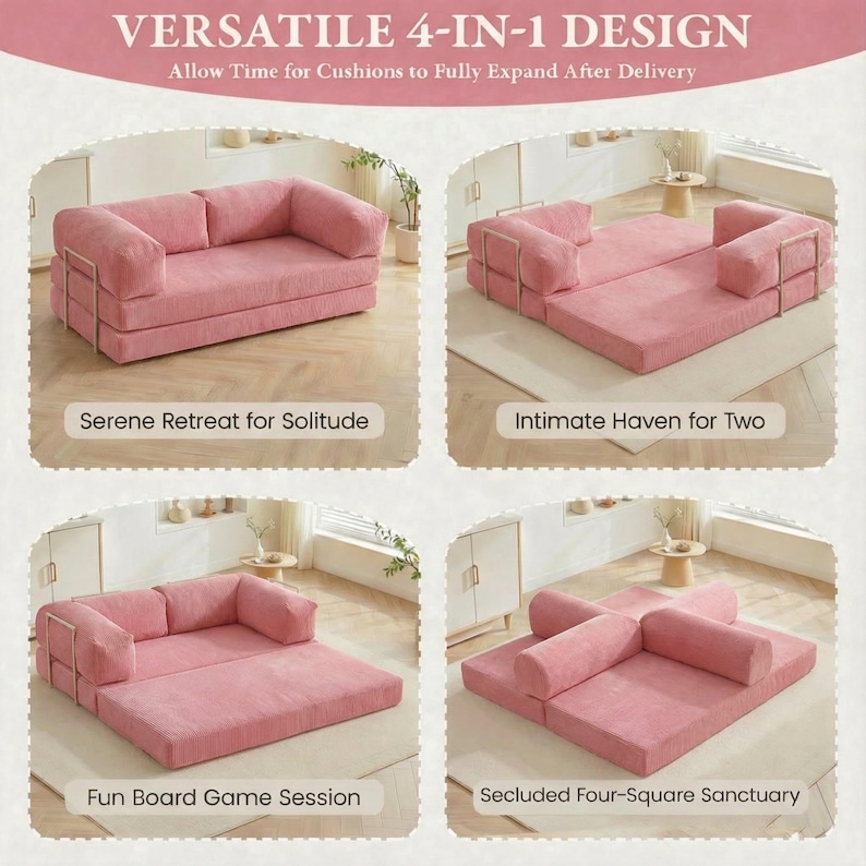 Collage demonstrating 4-in-1 versatile design modes: a serene retreat for solitude, an intimate haven for two, a modular seating arrangement for fun board game sessions, and a secluded four-square sanctuary. This multifunctional sectional floor sofa bed adapts to various lifestyle needs, providing a cozy landing spot for movie nights or kids' activities. Its modular blocks and cushions allow for creative layouts in Montessori playrooms or modern minimalist living spaces.
