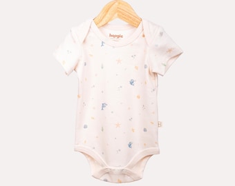 100% Organic Cotton GOTS Certified Short Sleeve Ocean Patterned Baby Bodysuit - Ecru