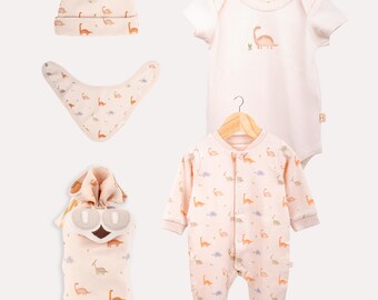 100% Organic Cotton GOTS Certified 4-Piece Dinosaur Newborn Hospital Set with Pouch - Powder