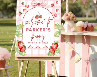 Cartello di benvenuto per il primo compleanno a tema fragole, invito per bambina a tema frutti di bosco (download digitale)