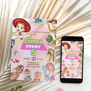 May include: A birthday invitation featuring characters from a popular animated movie. The invitation is pink and white, with the text "SOPHIA STORY 5" and event details. A smartphone displays the same design. Decorative palm leaves and flowers are in the background.