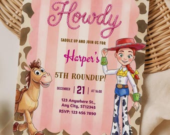 Toy Story Pink Geburtstagseinladung, Round-Up-Einladung, bearbeitbare Canva-Vorlage (Digitaler Download)