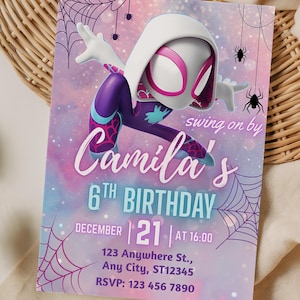 Editable Ghost Spider Girl Birthday Invitation, Spidey Birthday Card, Ghost Spider, Gwen Birthday Party Invite