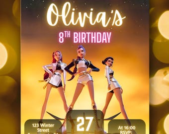 Invitación de cumpleaños de K-Pop, fiesta de baile para chicas, temática neón (plantilla de Canva)