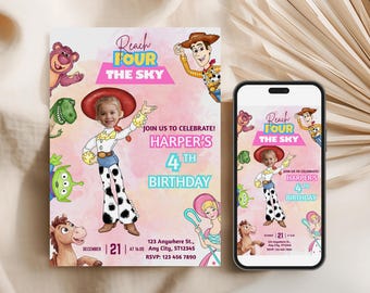 Toy Story „Reiche viermal den Himmel“-Einladung, Jessies 4. Geburtstag (Canva-Vorlage)