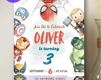 Plantilla de invitación de cumpleaños de superhéroes editable en acuarela, diseño de acuarela de Canva (descarga digital)