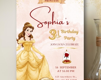 Invitación de cumpleaños de la Princesa Bella, Invitación para la cumpleañera de BBTB, Plantilla editable