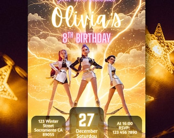 Invitación de cumpleaños de K-Pop / Fiesta de baile para chicas, temática de estrella pop neón (plantilla de Canva)