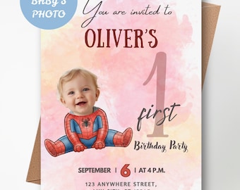 Invitación personalizada para primer cumpleaños con foto de Spidey (descarga digital)