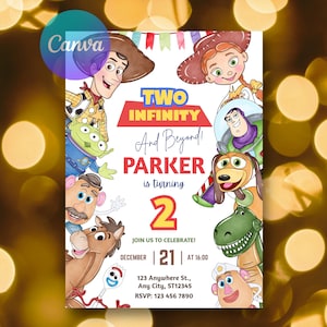 Invitación de cumpleaños de "Two Infinity and Beyond", invitación para el segundo cumpleaños de Toy Story, plantilla editable de Canva imagen 10