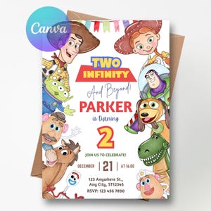 Invitación de cumpleaños de "Two Infinity and Beyond", invitación para el segundo cumpleaños de Toy Story, plantilla editable de Canva imagen 7