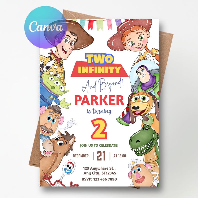 Invitación de cumpleaños de "Two Infinity and Beyond", invitación para el segundo cumpleaños de Toy Story, plantilla editable de Canva imagen 7