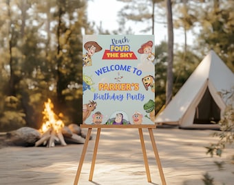 Toy Story Willkommensschild, Greif nach dem Himmel Thema Geburtstagsfeier Poster, bearbeitbare Canva Vorlage