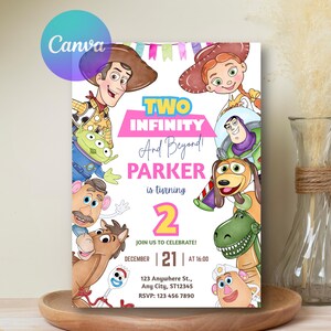 May include: A colorful birthday invitation featuring characters from a popular animated movie. The invitation includes the text "TWO INFINITY And Beyond! PARKER is turning 2" with event details. The design is set against a white background.
