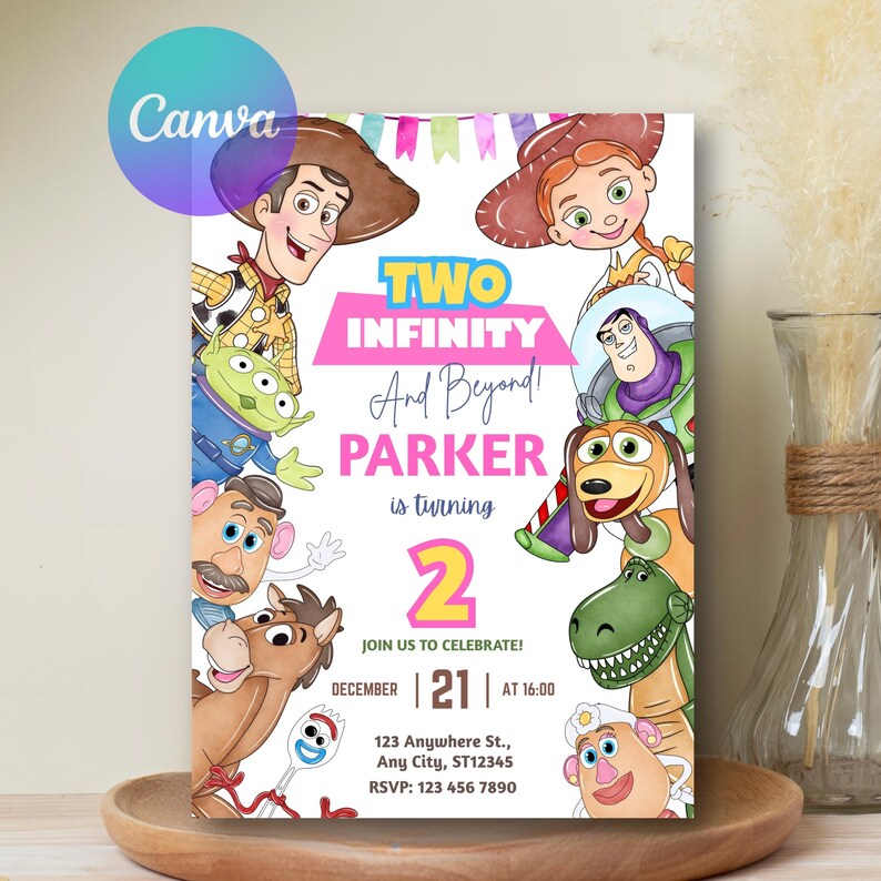 May include: A colorful birthday invitation featuring characters from a popular animated movie. The invitation includes the text "TWO INFINITY And Beyond! PARKER is turning 2" with event details. The design is set against a white background.