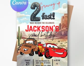 Invitación de cumpleaños de Dos Rápidos, Invitación de fiesta de Lightning McQueen y Mater Plantilla editable de Canva (Descarga digital)