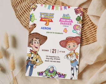 Toy Story Einladung für Jungen und Mädchen, „Reach Four the Sky“ und „You've Got a Friend Who's Three“ Geburtstagseinladung (Canva-Vorlage)