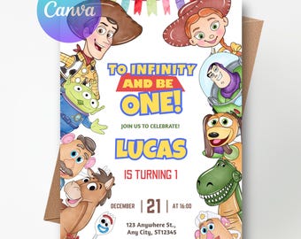 Toy Story Einladung zum 1. Geburtstag „Bis zur Unendlichkeit und eins werden“ (Canva-Vorlage)