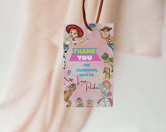 Etiqueta de agradecimiento de cumpleaños rosa de Toy Story, etiqueta para regalo (plantilla de Canva)