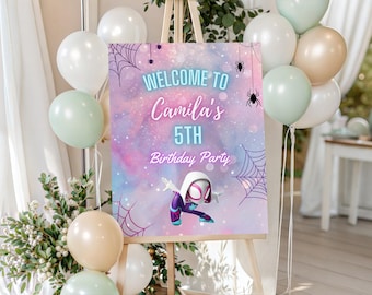 Cartello di benvenuto "Ghost Spider", poster per festa di compleanno, modello Canva modificabile