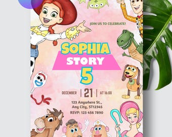 Invitación de cumpleaños de Toy Story para niña, invitación de cumpleaños de Jessie, plantilla editable de Canva.