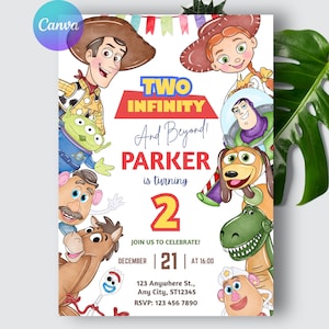 Invitación de cumpleaños de "Two Infinity and Beyond", invitación para el segundo cumpleaños de Toy Story, plantilla editable de Canva imagen 8