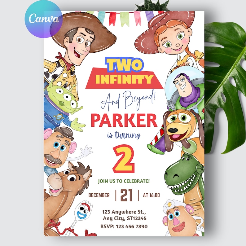 Invitación de cumpleaños de "Two Infinity and Beyond", invitación para el segundo cumpleaños de Toy Story, plantilla editable de Canva imagen 8