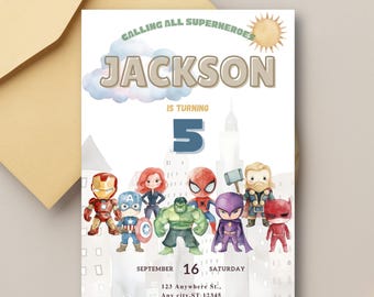 Invito di compleanno per neonati a tema supereroi, tema supereroi ad acquerello, modello Canva modificabile