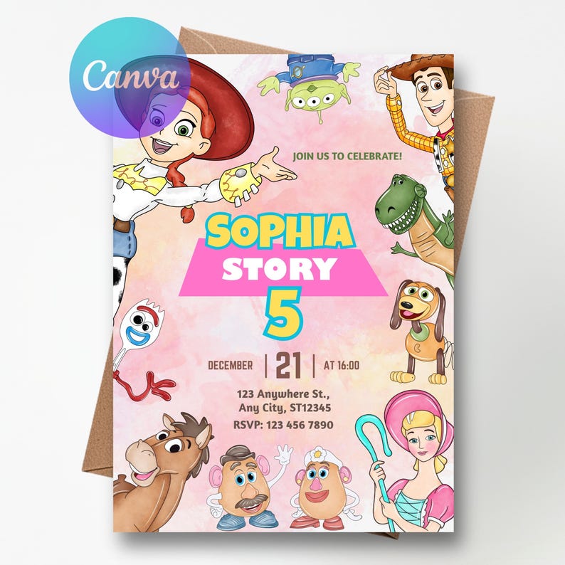 Puede incluir: Una colorida invitaci&oacute;n de cumplea&ntilde;os con personajes de Toy Story. Anuncia una fiesta para "Sophia" que cumple 5 a&ntilde;os, programada para el 21 de diciembre a las 16:00. El dise&ntilde;o incluye varios personajes y detalles de la fiesta.