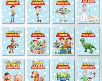 Toy Story Tischschilder, 13 Schilder für Essens- und Geschenkstationen, 8 x 10 Zoll (Canva-Vorlage enthalten)