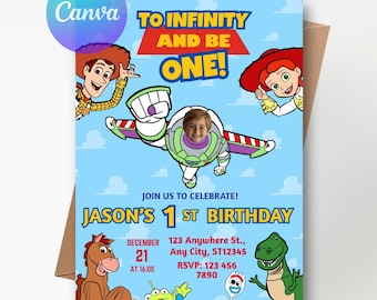 Hasta el infinito y seamos uno solo, invitación de primer cumpleaños de Toy Story (plantilla de Canva)