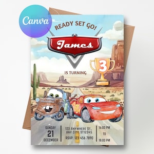 May include: A birthday invitation card featuring a desert landscape with a brown tow truck and a red race car. The text reads READY SET GO! James IS TURNING, with a gold trophy displaying the number 3, plus date, time, and address details.