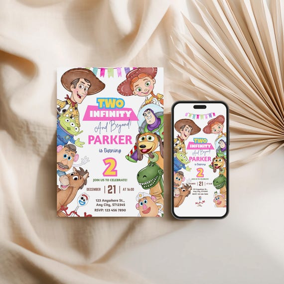 Two Infinity and Beyond Birthday Girl Invitation, Toy Story 2nd Birthday Party Invite, Editable Canva Template