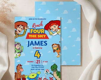 Invitación de cumpleaños de Toy Story "Alcanza el cielo" (Plantilla de Canva) Tarjeta de invitación para el 4º cumpleaños