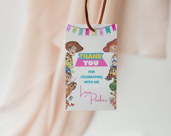 Etichetta di ringraziamento o regalo per la festa di compleanno di una bambina a tema Toy Story (modello Canvas)