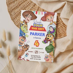 May include: A birthday invitation featuring characters from a popular animated movie. The invitation has the text "Reach FOUR the SKY" and "Parker is turning 4". The date and time of the party are also included. The invitation is decorated with colorful illustrations.