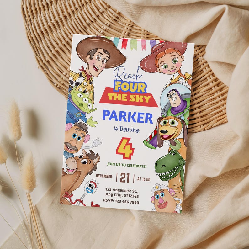 May include: A birthday invitation featuring characters from a popular animated movie. The invitation has the text "Reach FOUR the SKY" and "Parker is turning 4". The date and time of the party are also included. The invitation is decorated with colorful illustrations.