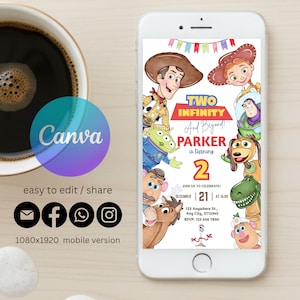 Invitación de cumpleaños de "Two Infinity and Beyond", invitación para el segundo cumpleaños de Toy Story, plantilla editable de Canva imagen 4