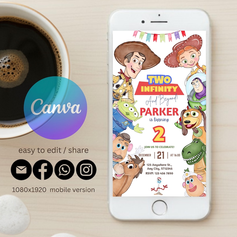 Invitación de cumpleaños de "Two Infinity and Beyond", invitación para el segundo cumpleaños de Toy Story, plantilla editable de Canva imagen 4
