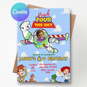 May include: A birthday invitation card featuring a light blue sky background with white clouds. The text reads Reach FOUR THE SKY, JOIN US TO CELEBRATE! JASON'S 4TH BIRTHDAY, DECEMBER 21 AT 16:00, 123 Anywhere St., Any City, ST12345, RSVP: 123 456 7890.