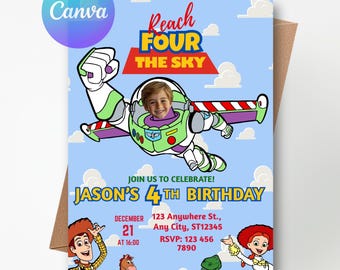 Toy Story „Reiche viermal den Himmel“-Einladung, Buzz Lightyear 4. Geburtstag (Canva-Vorlage)