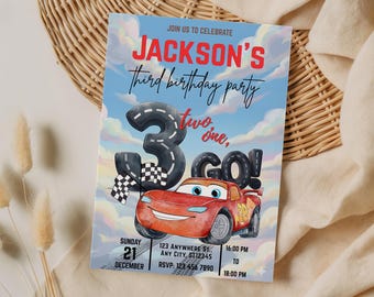 Tarjeta de invitación de cumpleaños número 3 de Lightning McQueen, invitación para fiesta de Cars, plantilla editable