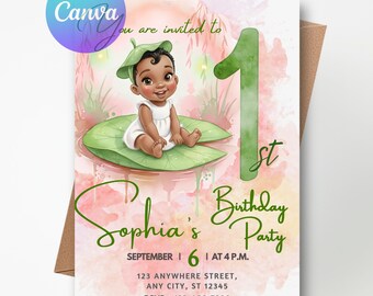 Invito di compleanno della principessa Tiana, primo compleanno ad acquerello, modello Canva modificabile (download digitale)