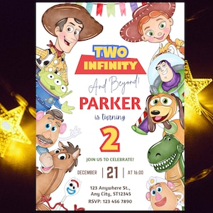 Invitación de cumpleaños de "Two Infinity and Beyond", invitación para el segundo cumpleaños de Toy Story, plantilla editable de Canva imagen 11